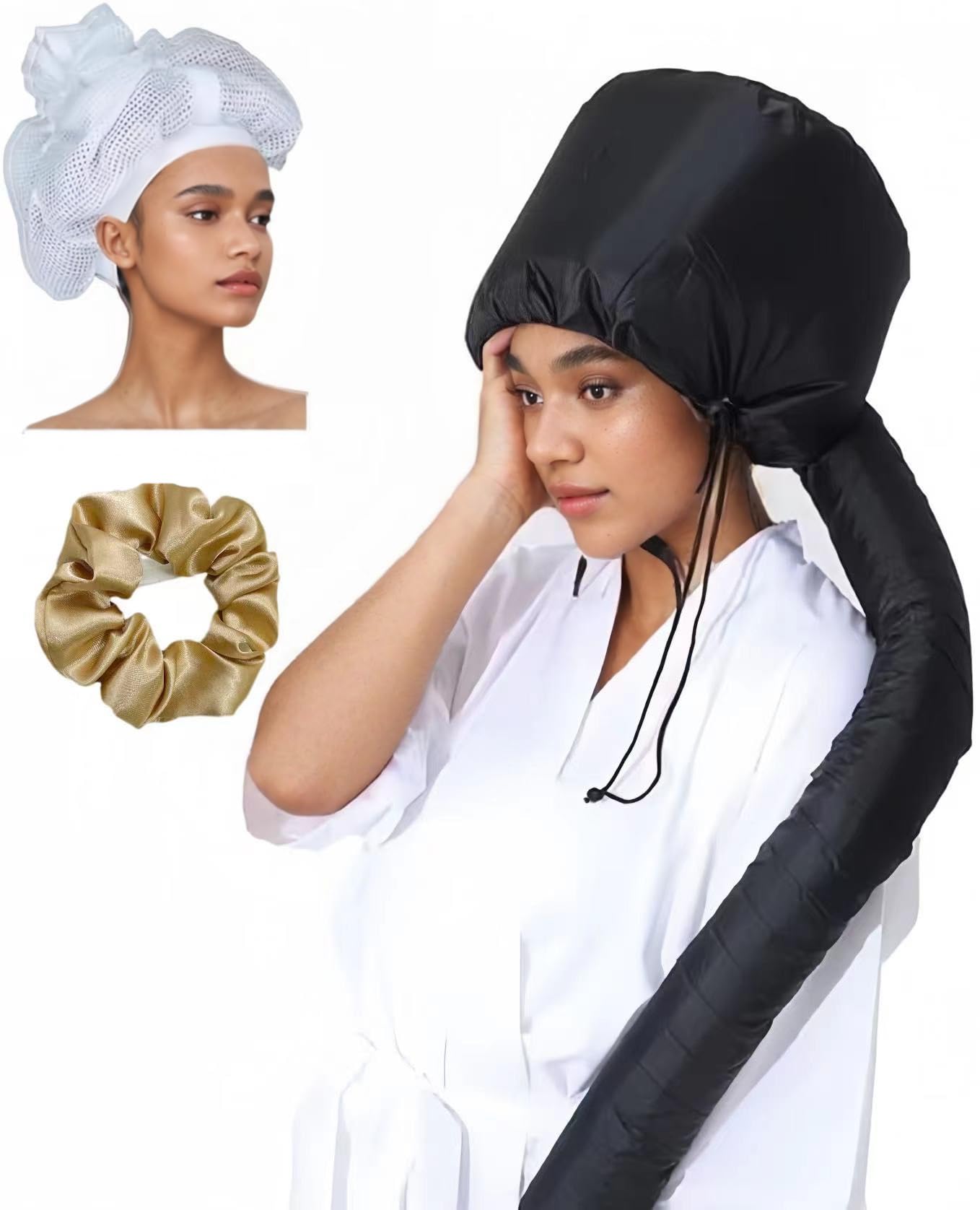 Black soft hooded hair dryer bonnet with adjustable drawstring toggles