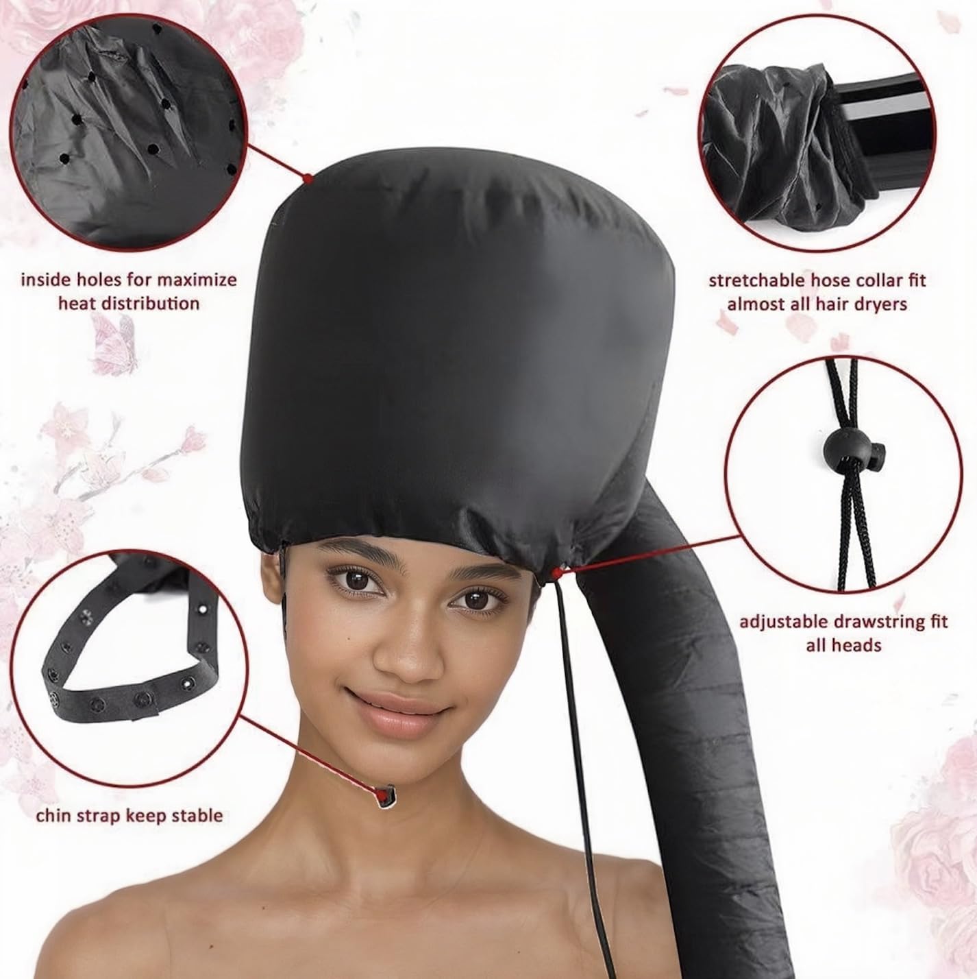 Four piece hair care drying set including black bonnet mesh cap scrunchie and storage pouch