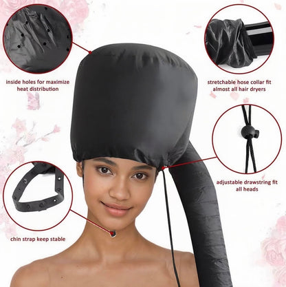 Four piece hair care drying set including black bonnet mesh cap scrunchie and storage pouch