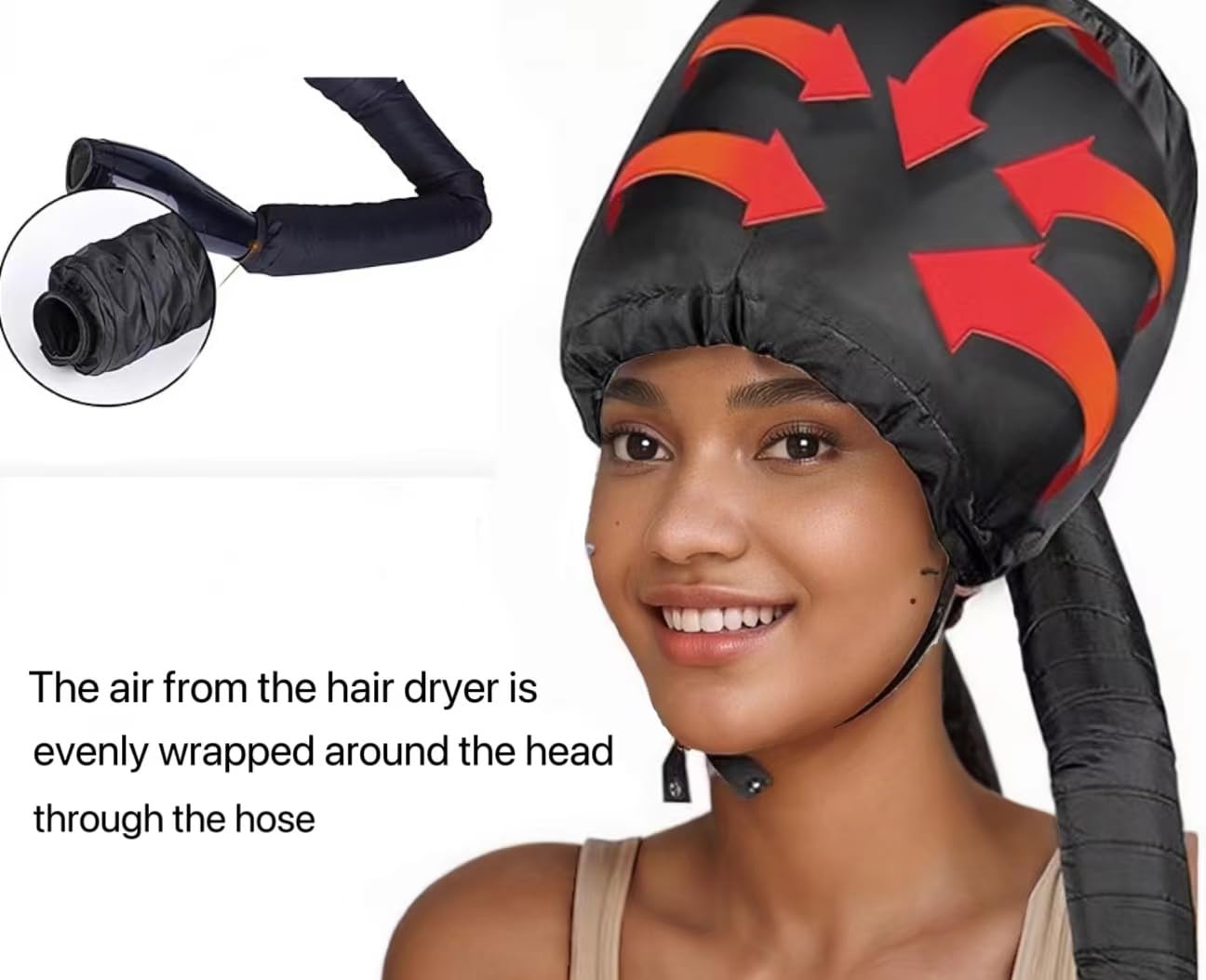 Hands free hair drying bonnet attachment pack shown inside its drawstring travel bag