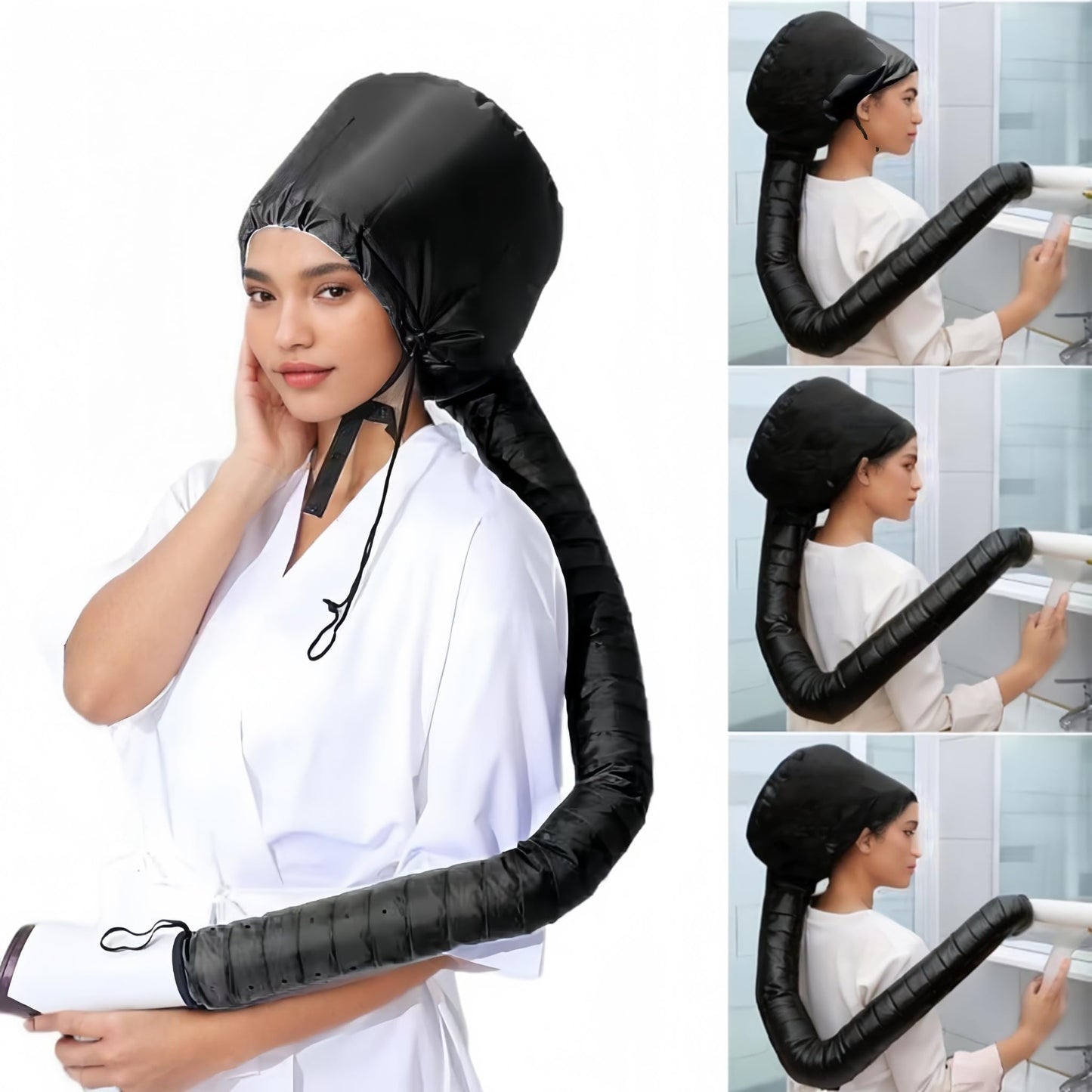 Adjustable hair plopping cap and bonnet attachment spread out for hair care routine