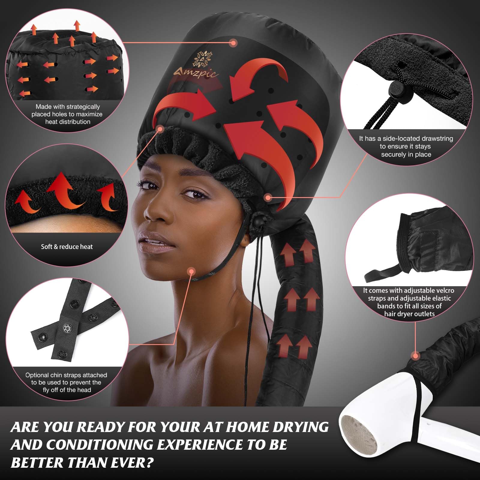 Amzpic soft bonnet hair dryer cap attached to a blow dryer hose for deep conditioning