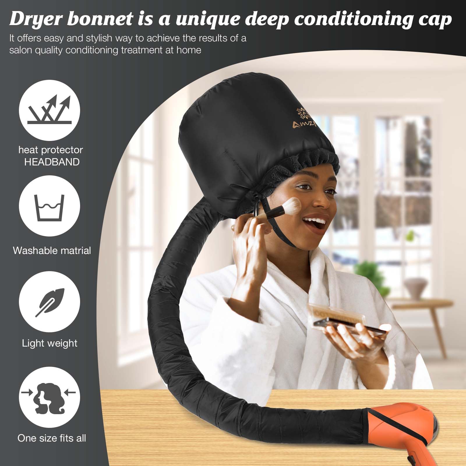 Adjustable drawstring and chin strap closure on the black Amzpic hair dryer hood