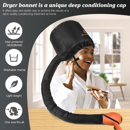 Adjustable drawstring and chin strap closure on the black Amzpic hair dryer hood