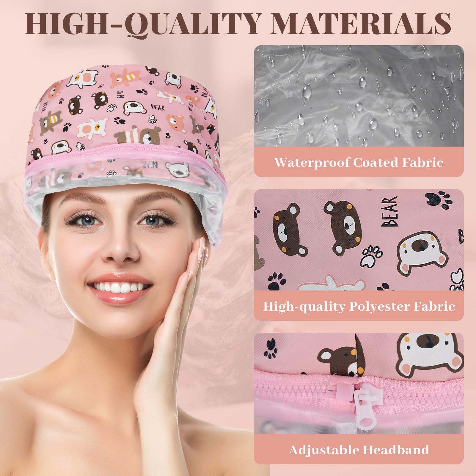 Pilipane hair care heating cap being adjusted on a user to demonstrate universal fit and size customization.
