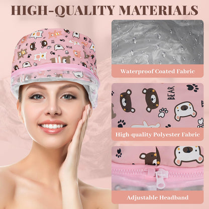 Pilipane hair care heating cap being adjusted on a user to demonstrate universal fit and size customization.