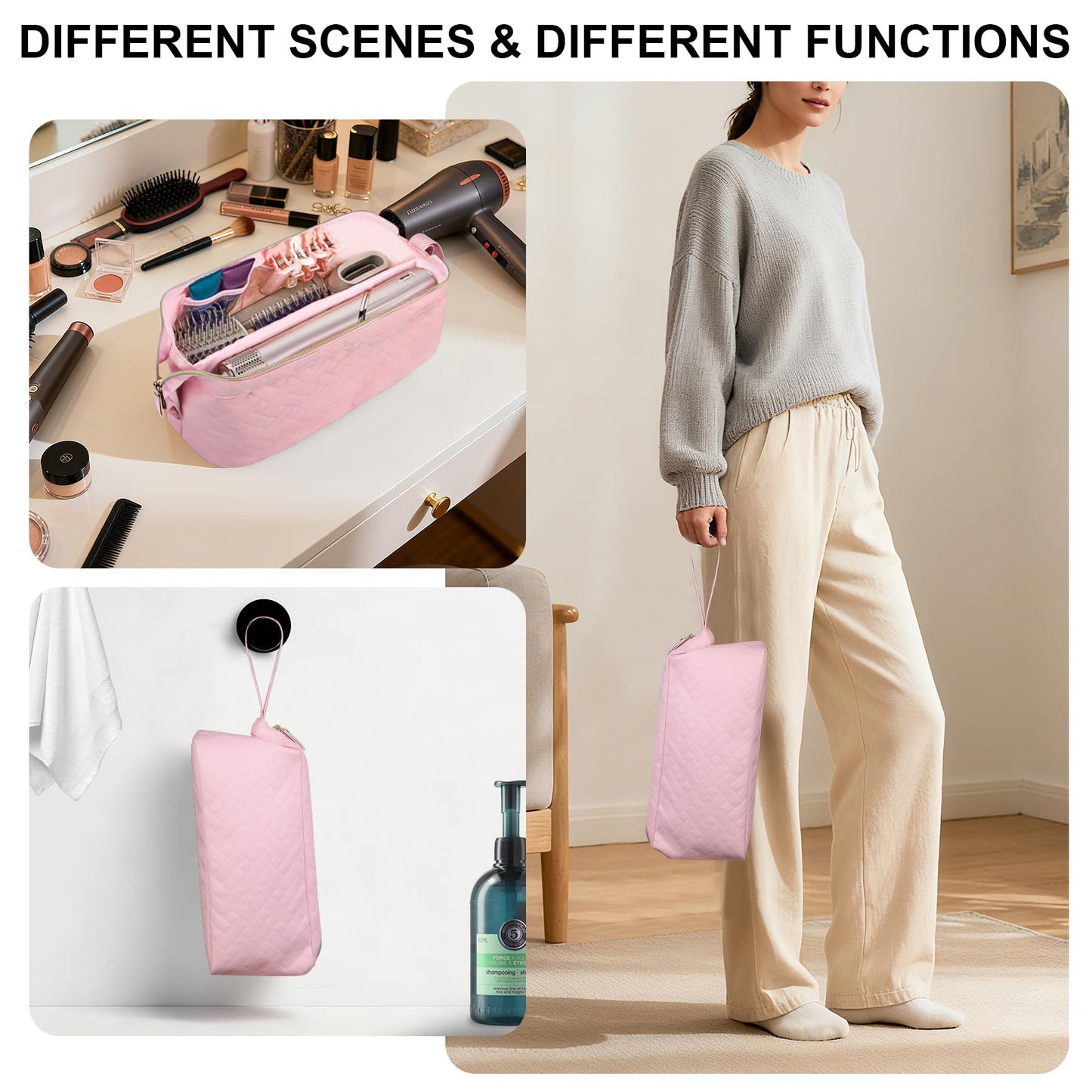 Lacdo pink quilted hair tools travel bag close up of water repellent material