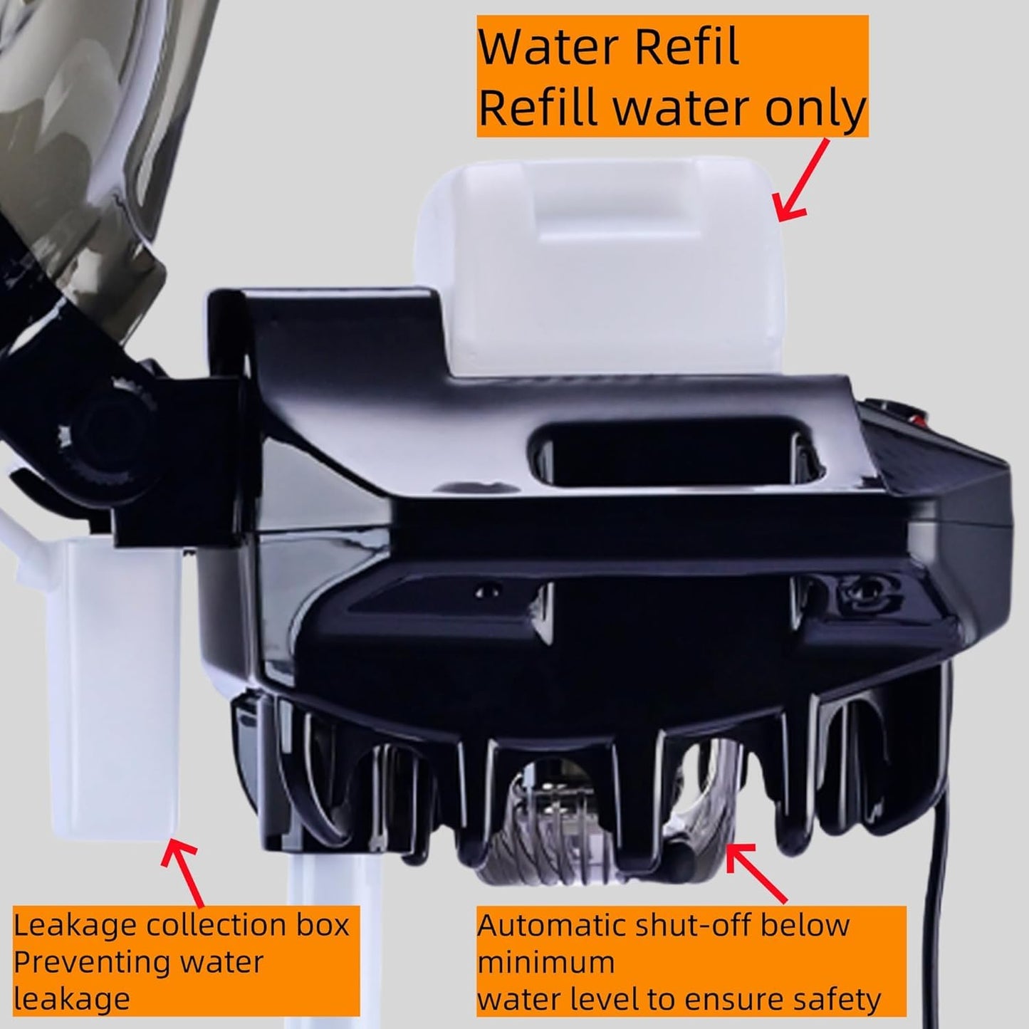 OIYALI 1000 Watt salon equipment station showcasing the adjustable height metal rod and rolling caster wheels