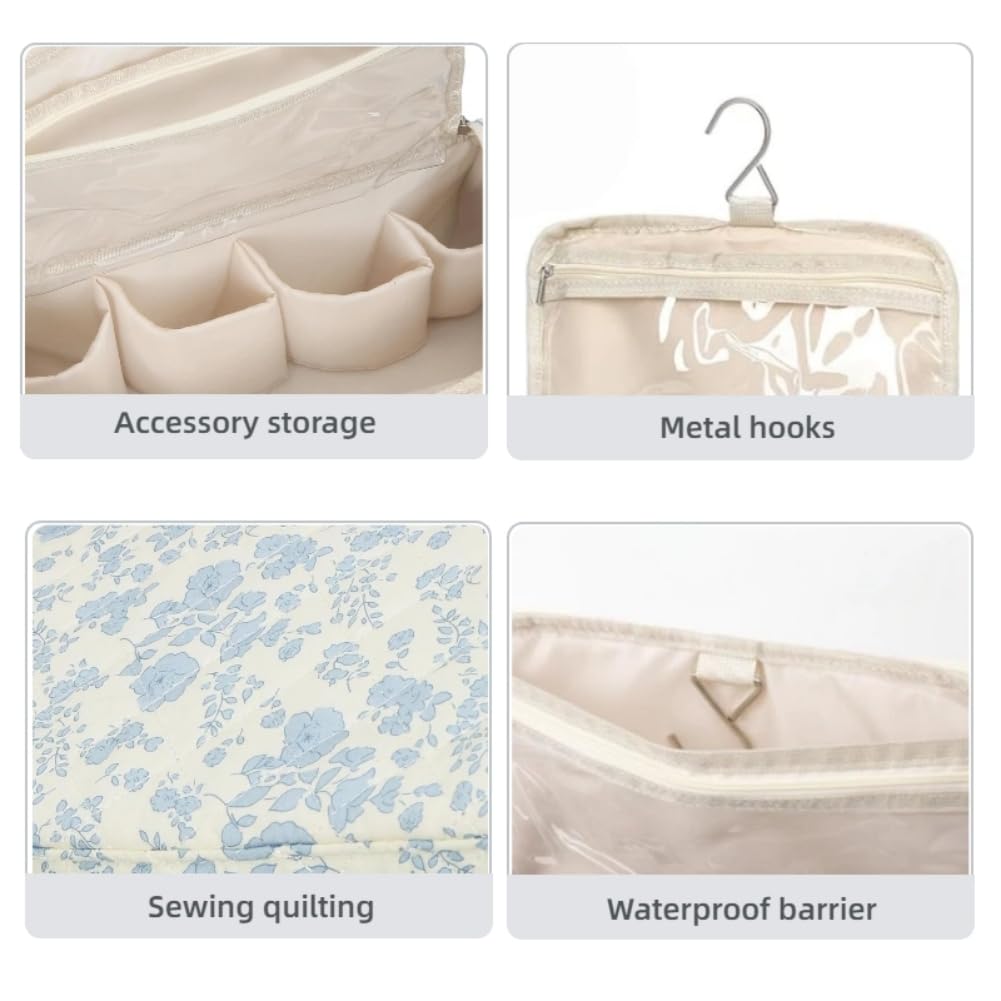 Pitrumo blue quilted cosmetic pouch with metal hanging hook attached