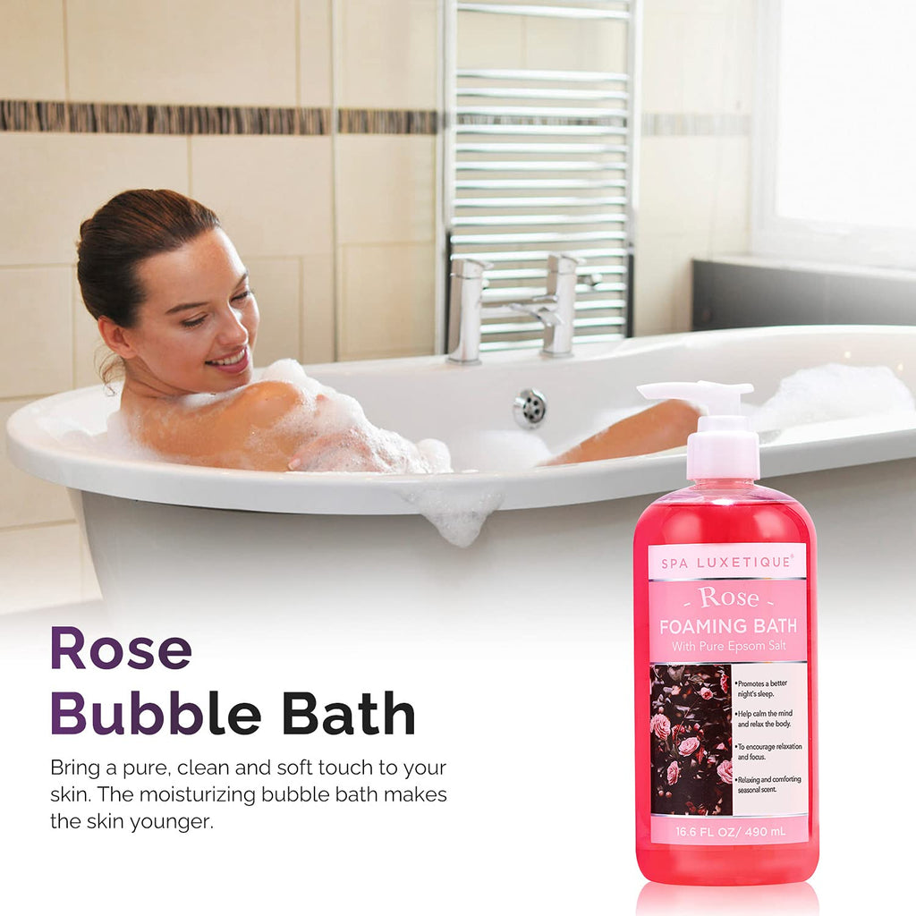 Spa Luxetique rose scented bubble bath packaging detail
