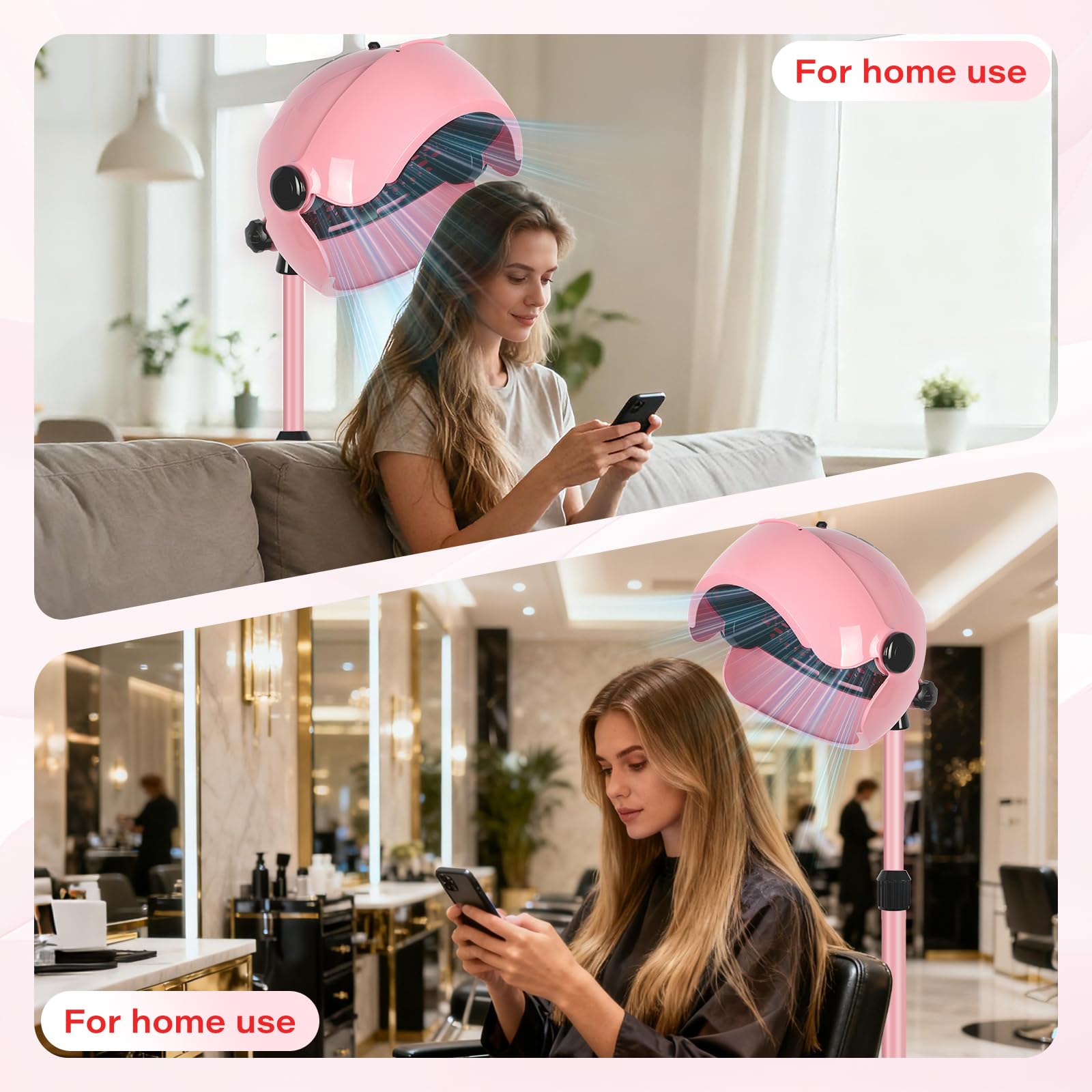 Pink standing bonnet hair dryer with adjustable height pole on wheels