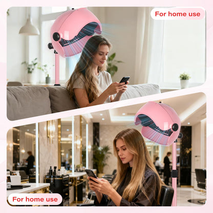 Pink standing bonnet hair dryer with adjustable height pole on wheels