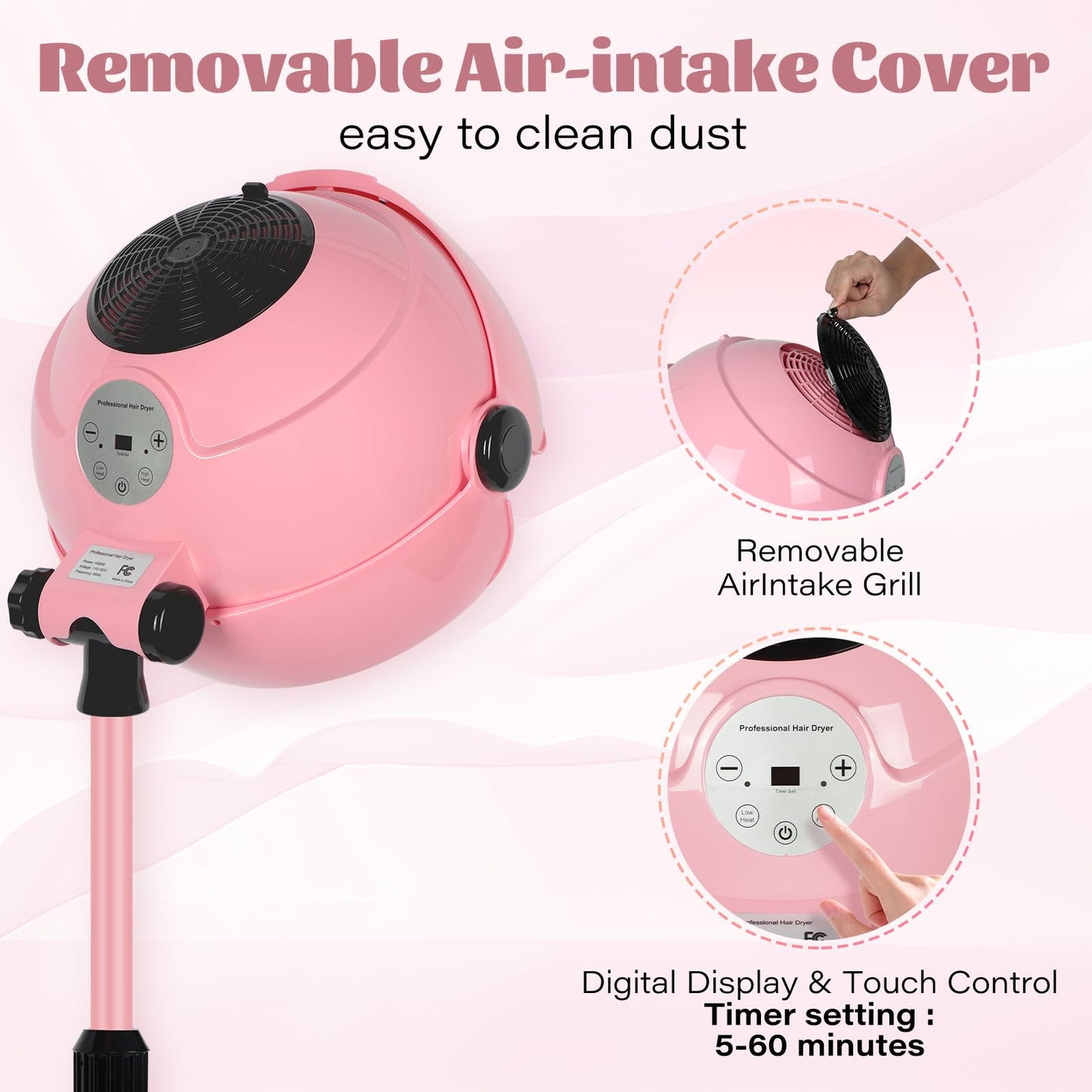 Close up of the adjustable hood and temperature controls on the pink hair dryer