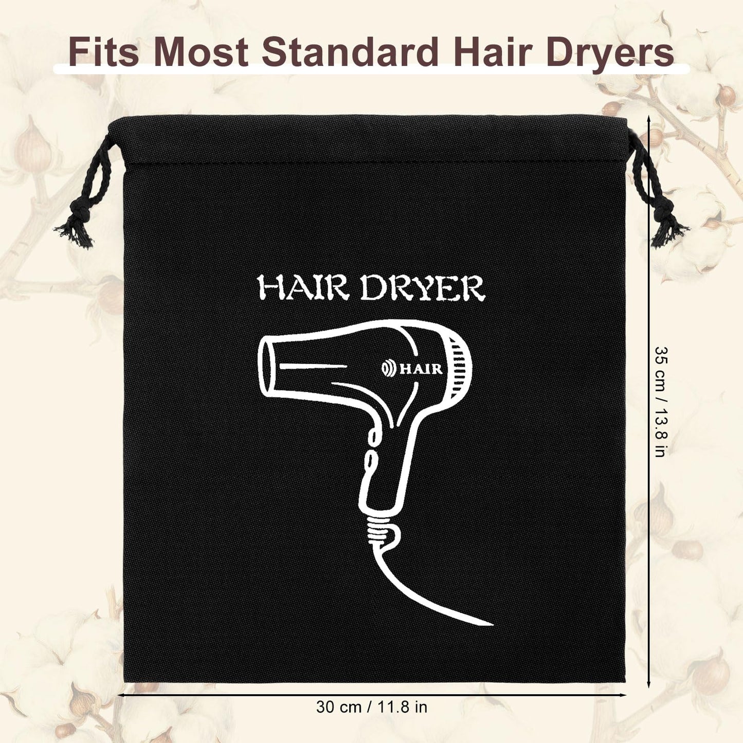 Four pieces of black blow dryer pouches laid out flat showcasing the 11.8 by 13.7 inch size.