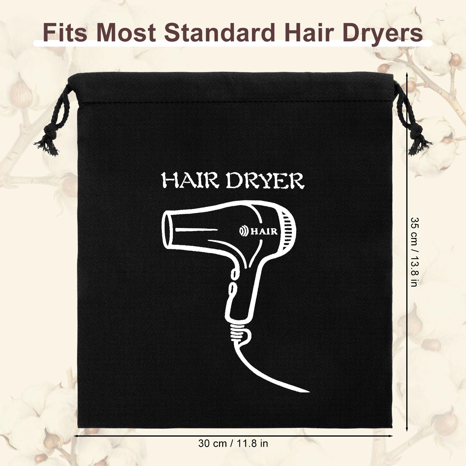 Four pieces of black blow dryer pouches laid out flat showcasing the 11.8 by 13.7 inch size.