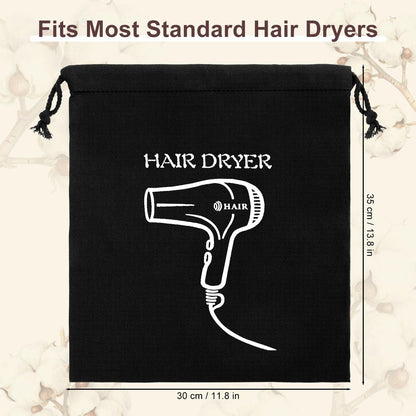 Four pieces of black blow dryer pouches laid out flat showcasing the 11.8 by 13.7 inch size.