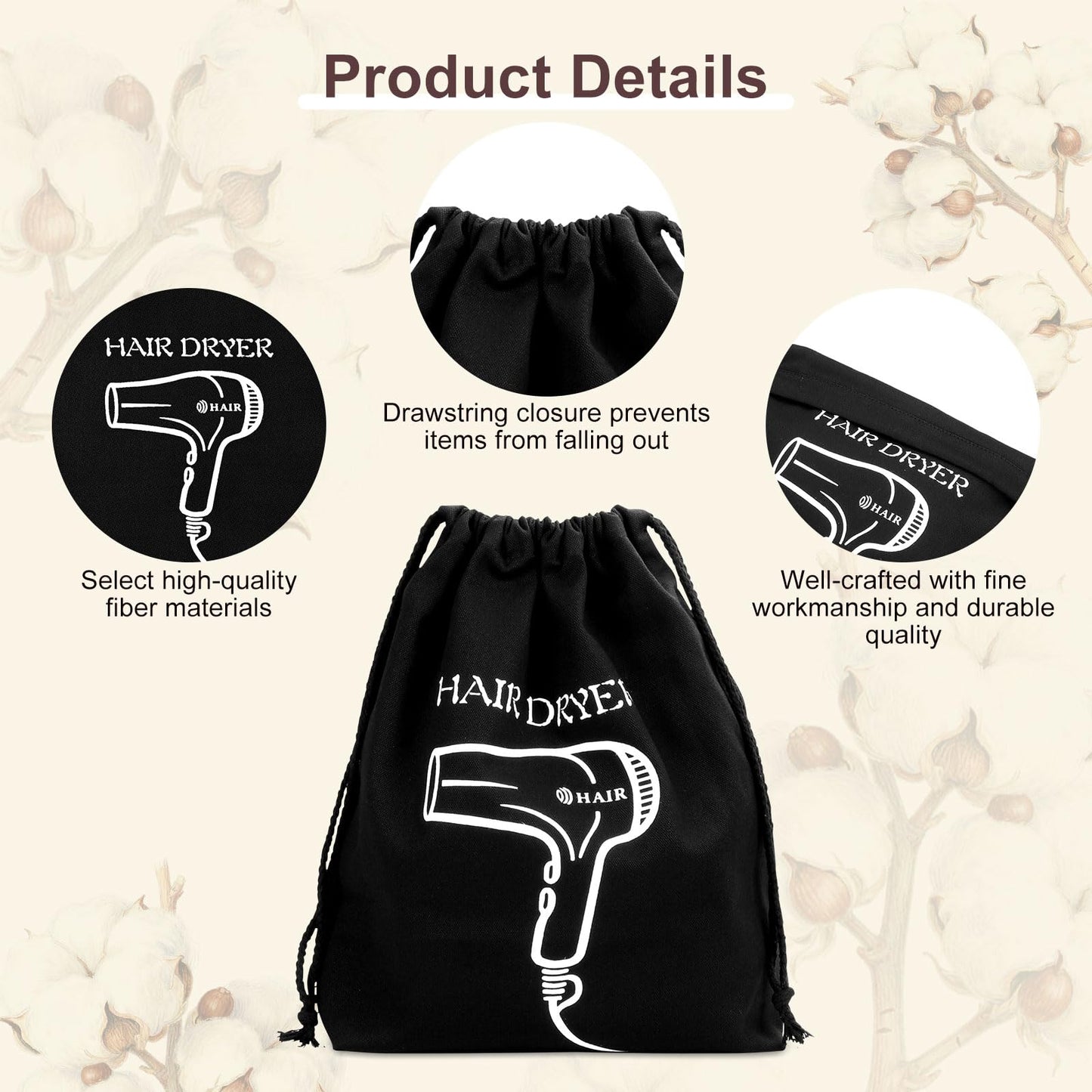 Premium drawstring travel pouch for hair tools showing a hairdryer neatly tucked inside.