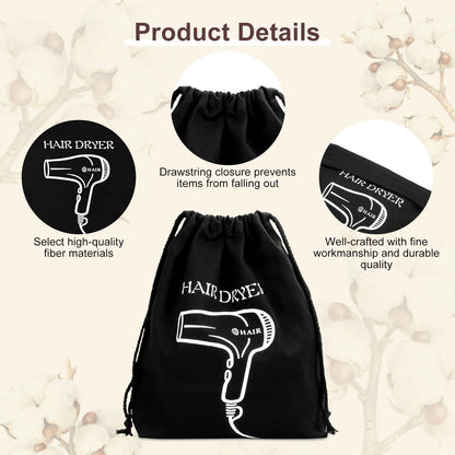 Premium drawstring travel pouch for hair tools showing a hairdryer neatly tucked inside.