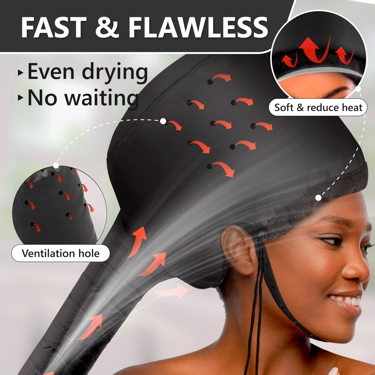 Adjustable hair dryer bonnet diffuser cap connected to a blow dryer