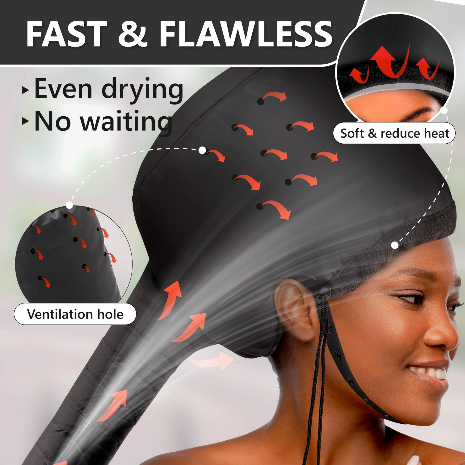 Adjustable hair dryer bonnet diffuser cap connected to a blow dryer