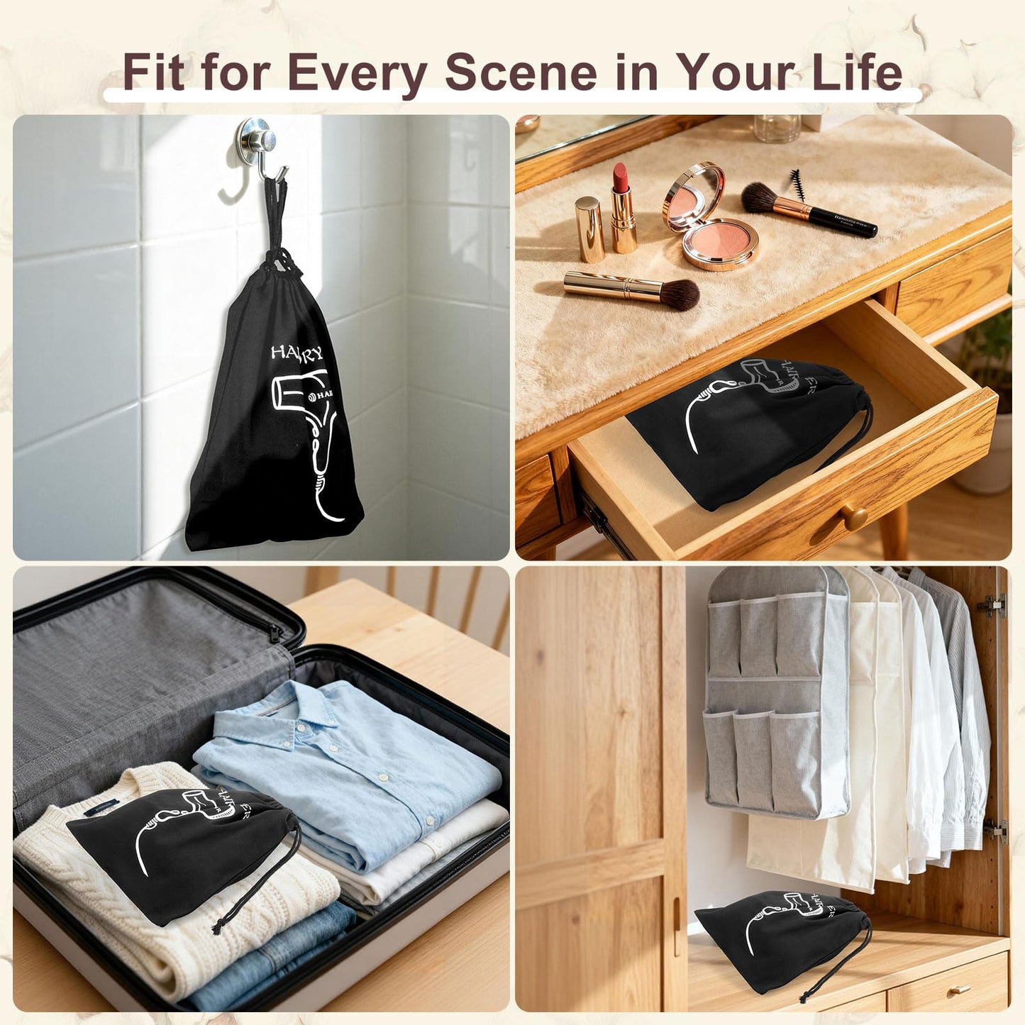 Compact travel hair dryer case container packed efficiently inside a travel suitcase setup.