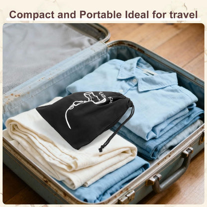 Durable drawstring bag with a designated hair dryer identifier design for guest bathrooms.