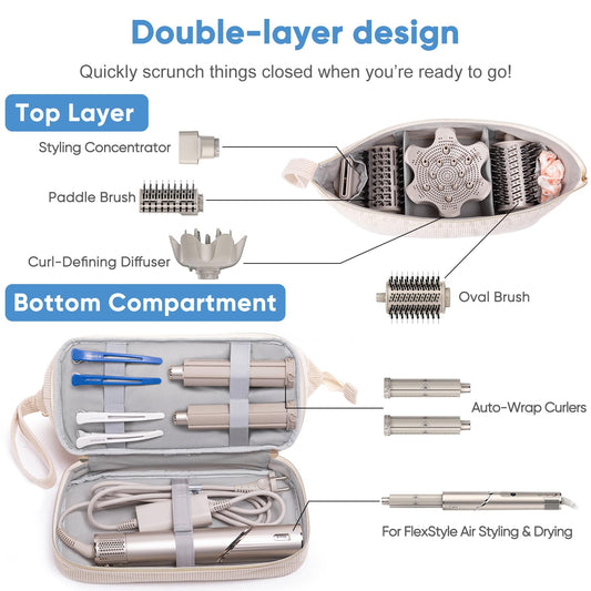 ELCUPA double-layer organizer bag open view displaying hair dryer and curling iron storage
