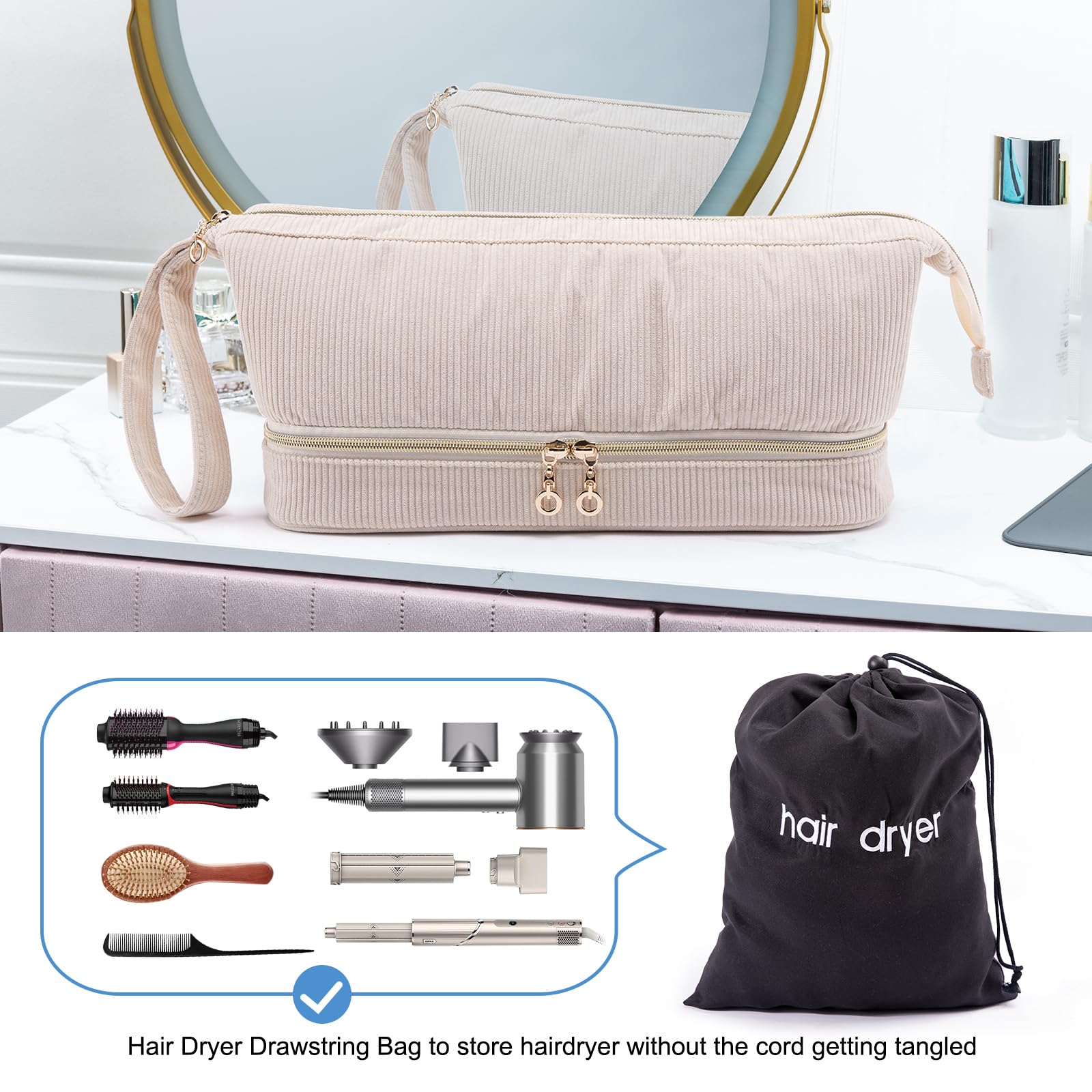 ELCUPA corduroy cosmetics pouch upper compartment featuring adjustable dividers and attachments