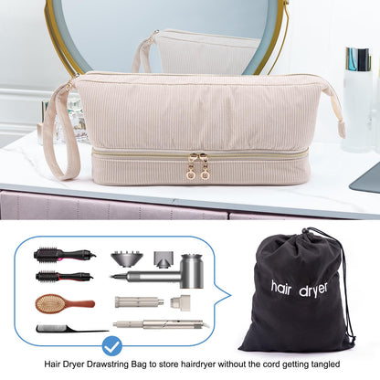 ELCUPA corduroy cosmetics pouch upper compartment featuring adjustable dividers and attachments