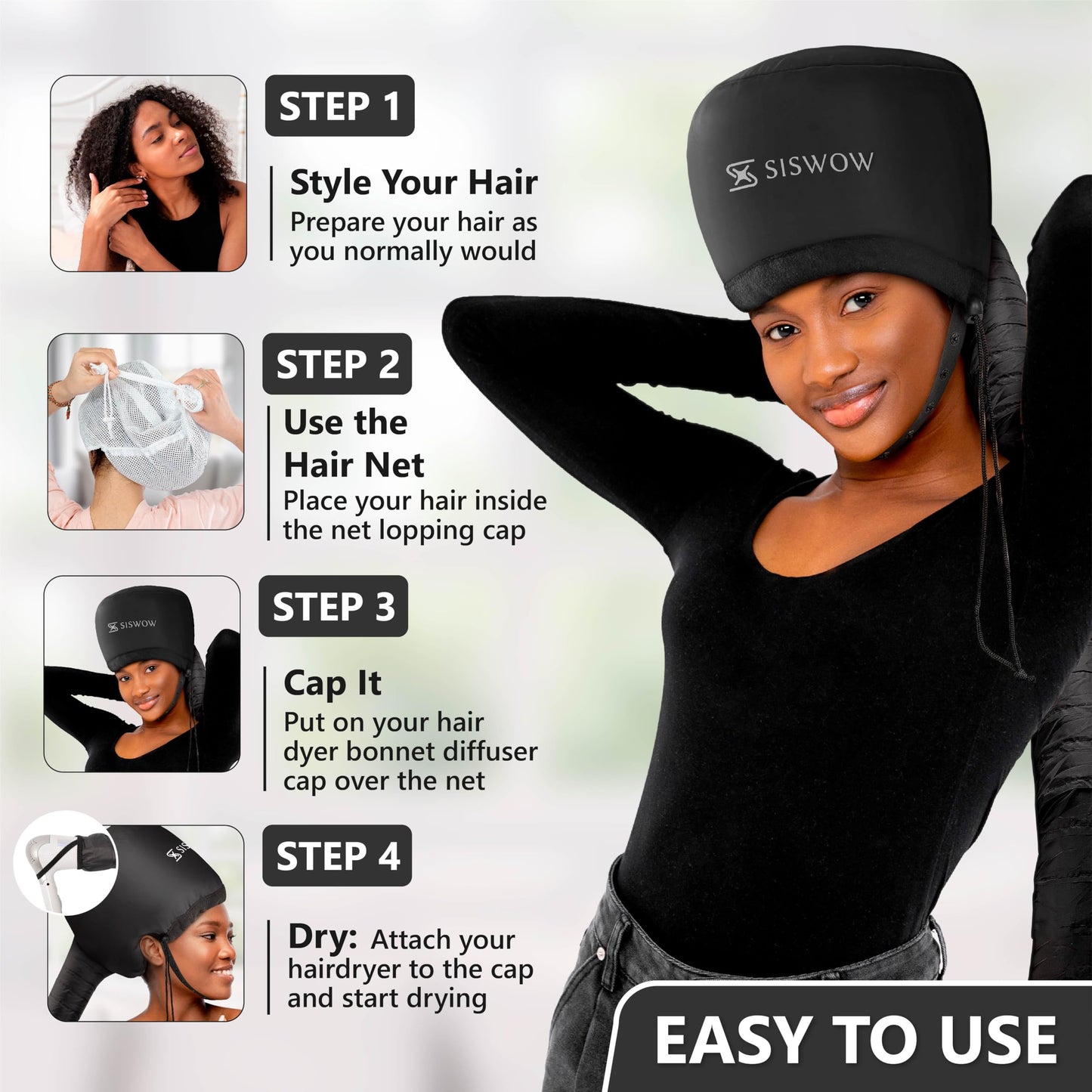 Even heat distribution diagram on a curly hair styling bonnet accessory