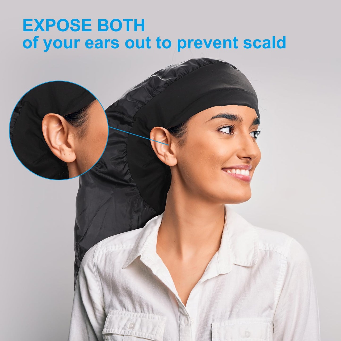 HIFILTURE travel friendly hair dryer bonnet cap folded next to its compact storage pouch