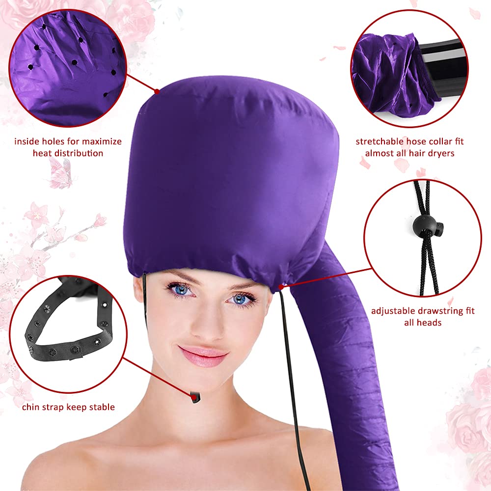 Frclona purple hood dryer cap showcasing the adjustable drawstring and secure chin strap components.