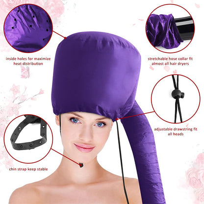 Frclona purple hood dryer cap showcasing the adjustable drawstring and secure chin strap components.