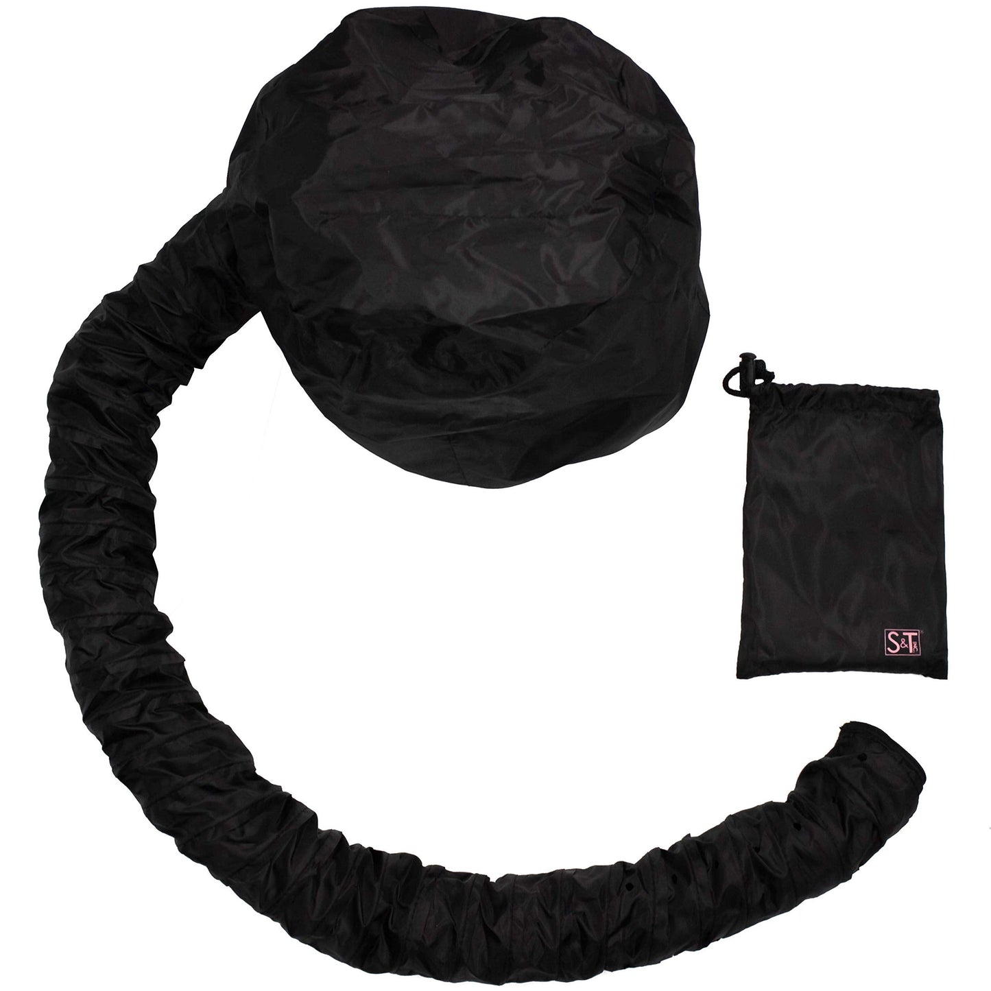 S&T INC. black hooded dryer attachment hose connected to a standard handheld blow dryer nozzle