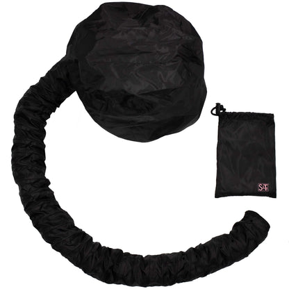 S&T INC. black hooded dryer attachment hose connected to a standard handheld blow dryer nozzle