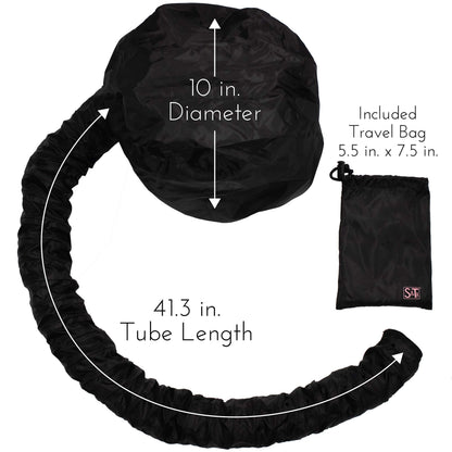 S&T INC. portable hood hair dryer attachment folded neatly next to its black drawstring storage bag