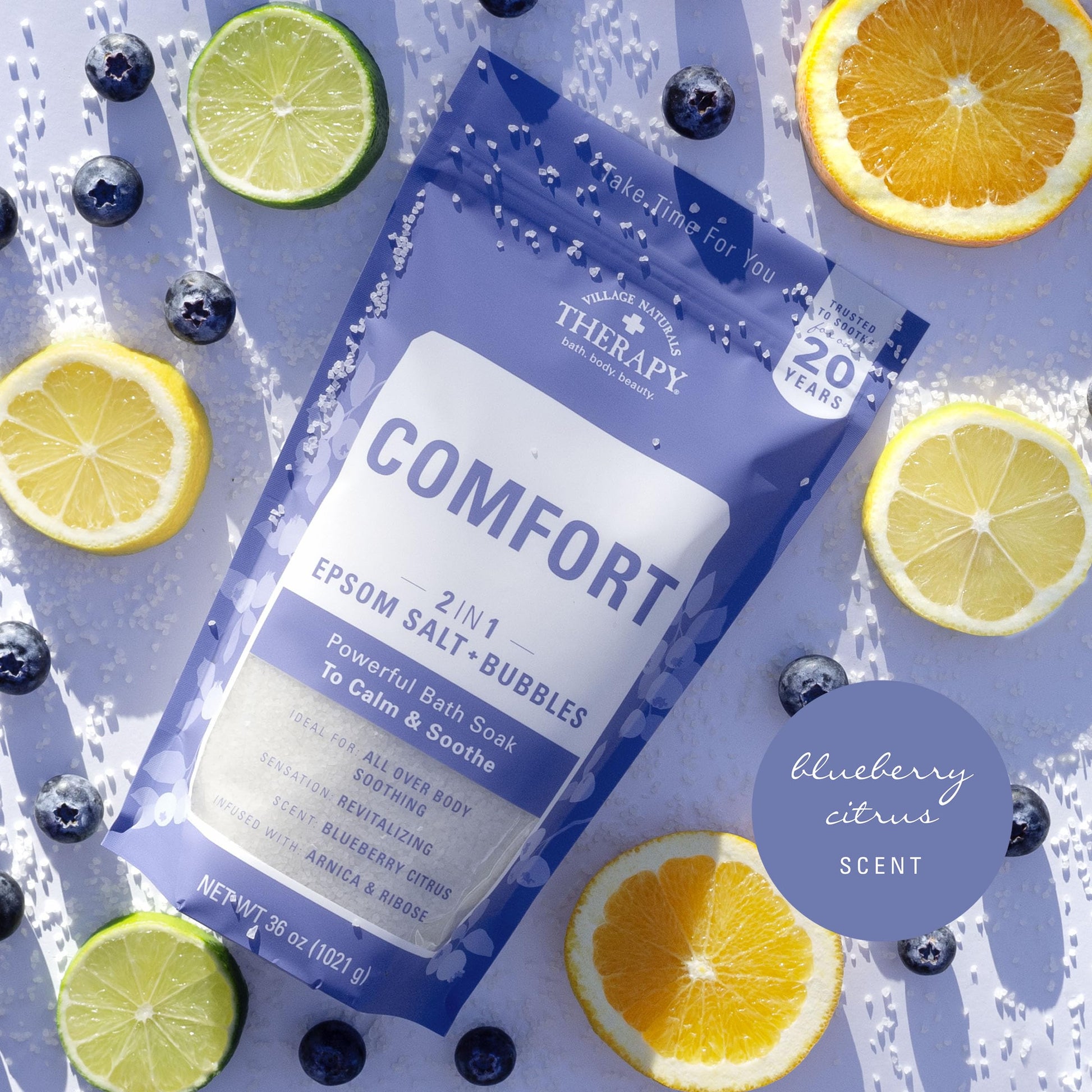 Back of Village Naturals therapy bath soak pack with ingredients