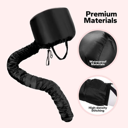 Adjustable Komoko hair dryer bonnet featuring a secure chin strap and drawstring for even heat distribution.