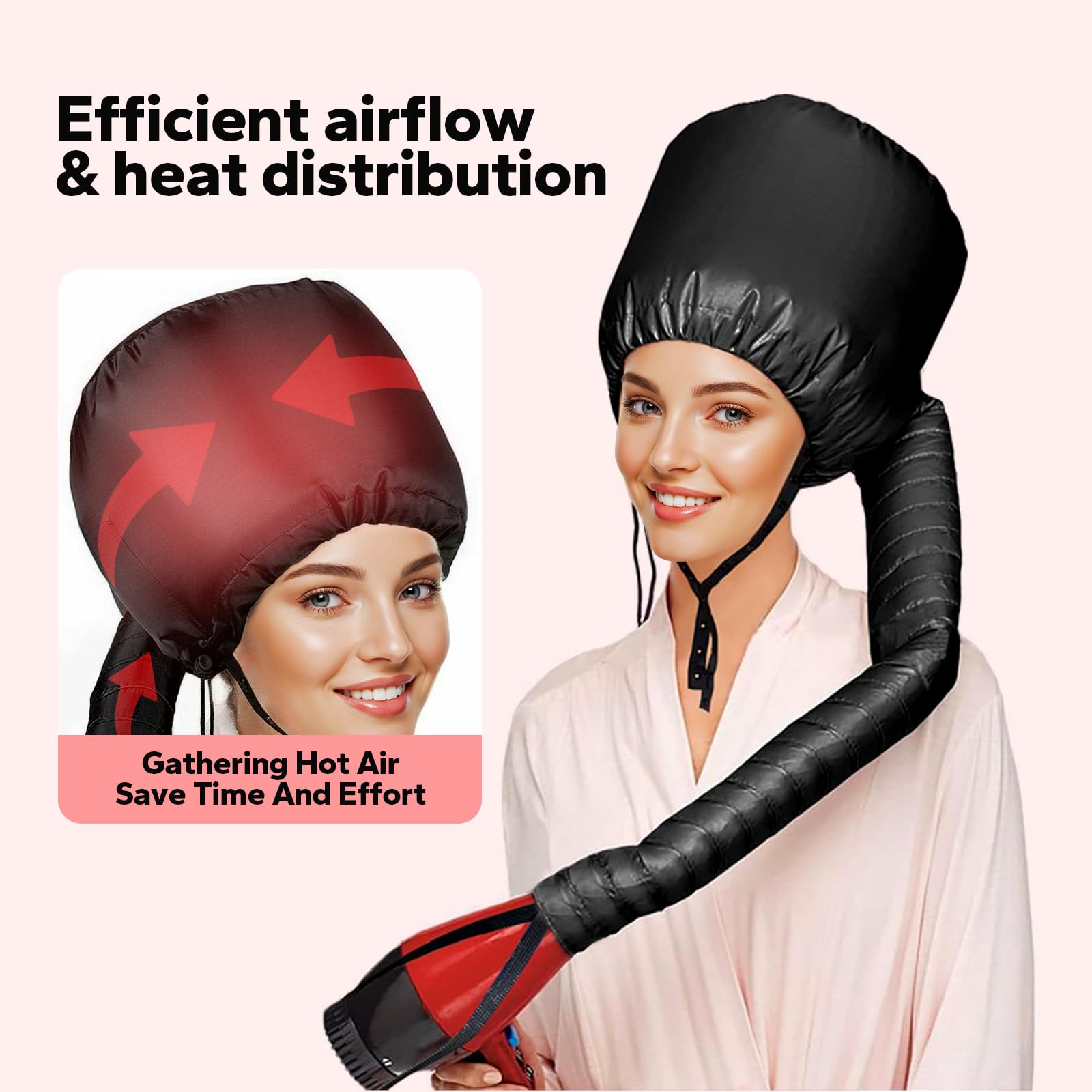 Portable and collapsible Komoko hooded dryer attachment showing the flexible hose and elasticized nozzle collar.