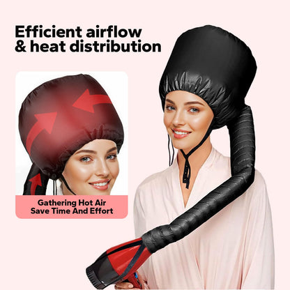 Portable and collapsible Komoko hooded dryer attachment showing the flexible hose and elasticized nozzle collar.