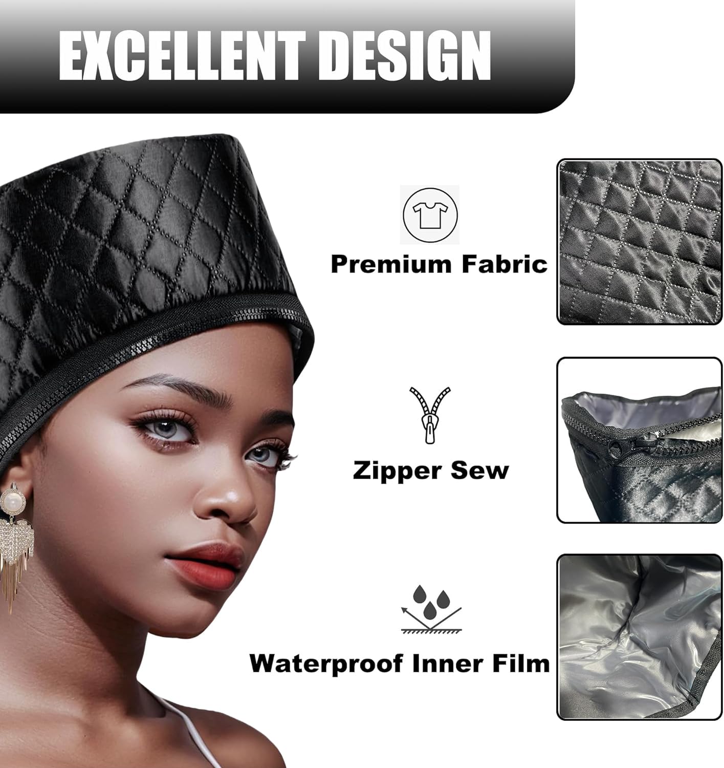 Electric heating caps for hair spa showing the adjustable drawstring closure for a secure fit around the forehead.