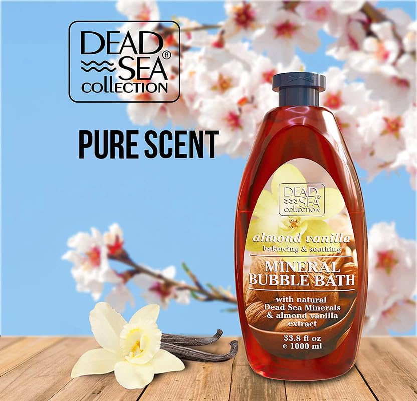 Dead Sea Collection Almond Vanilla bubble bath bottles side angle