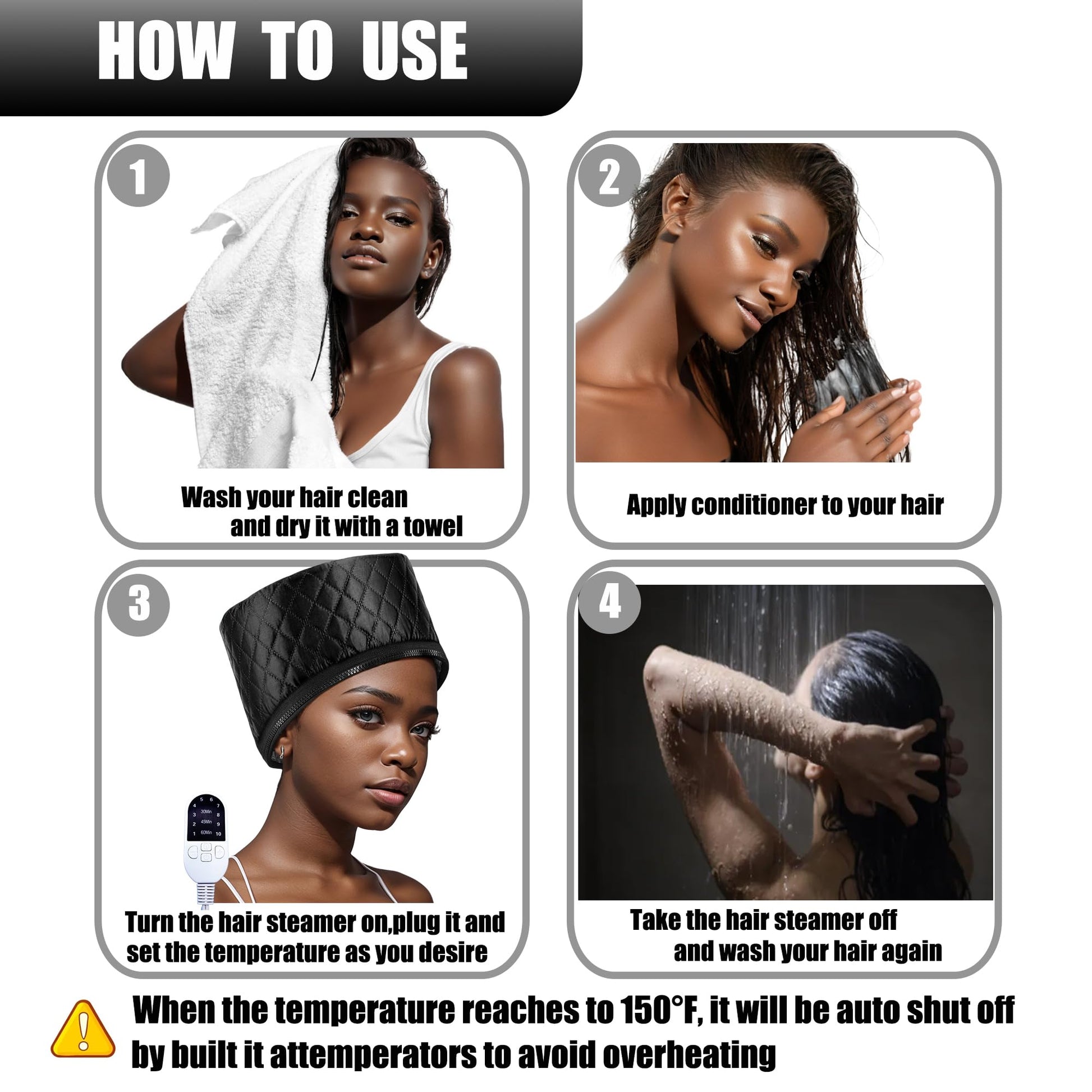Black natural hair steamer cap displayed flat to show the deep design that protects hair edges and the nape.