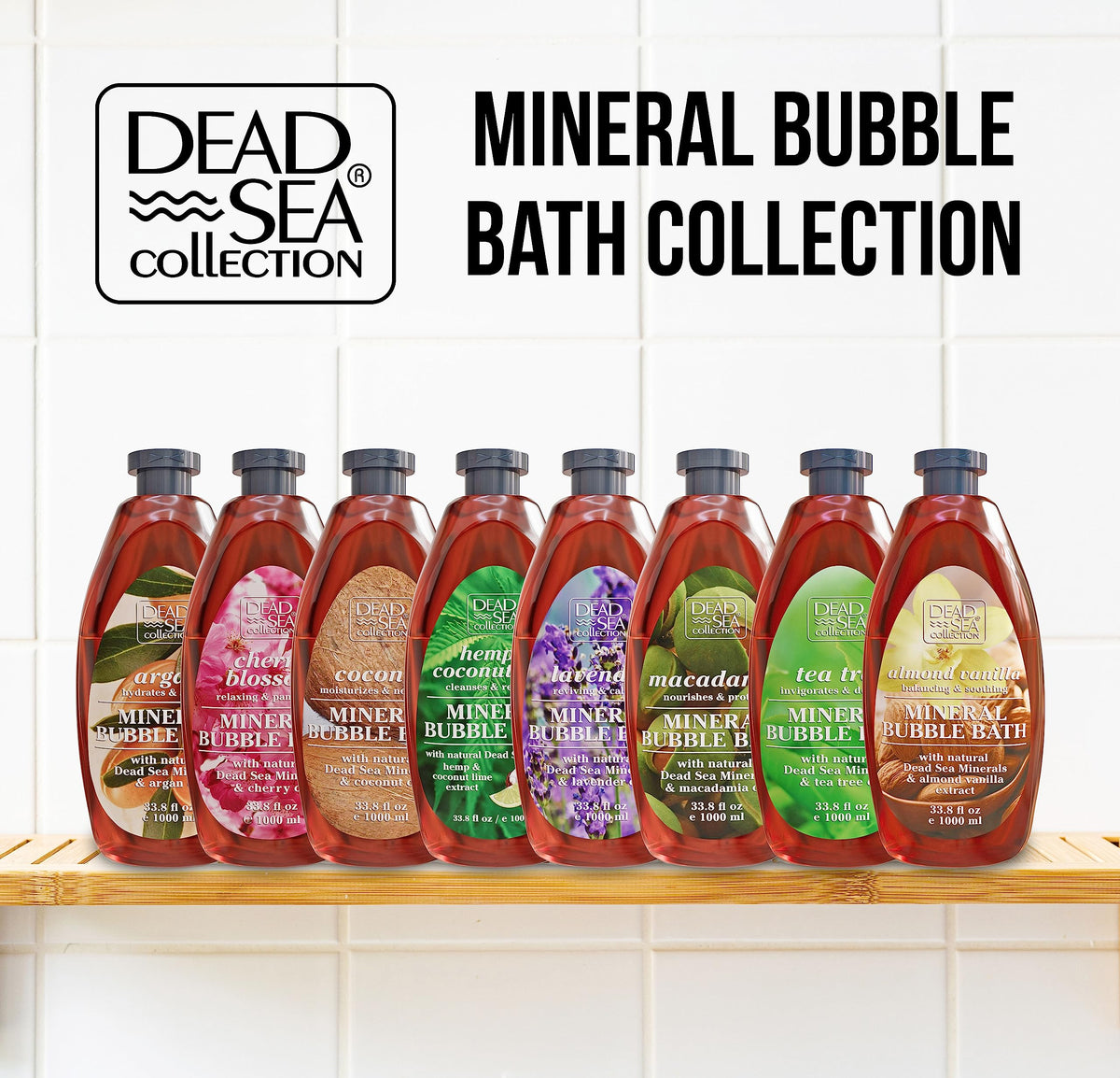 Dead Sea Collection bubble bath bottles back view with ingredients
