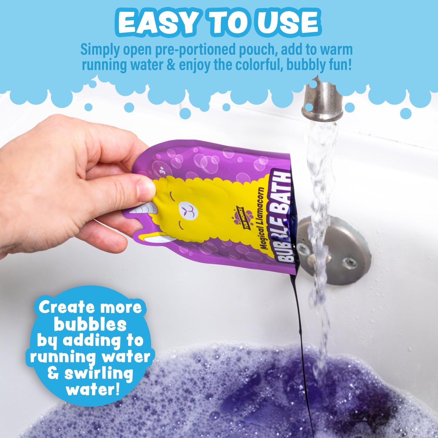 Child enjoying foamy bubbles with Tub Works bubble bath