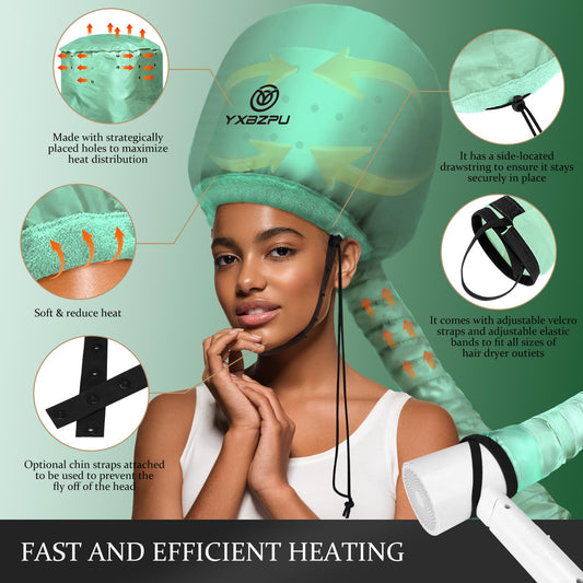 Green adjustable hooded hair dryer bonnet showing the long flexible attachment hose connected to a blower