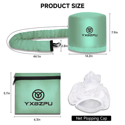 Compact and portable green hair styling bonnet folded down for travel convenience