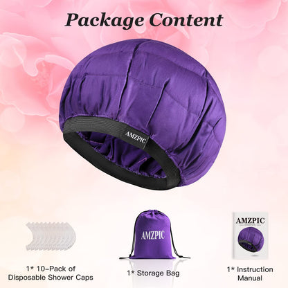 Amzpic packaging contents displaying the flaxseed heat cap with disposable shower caps