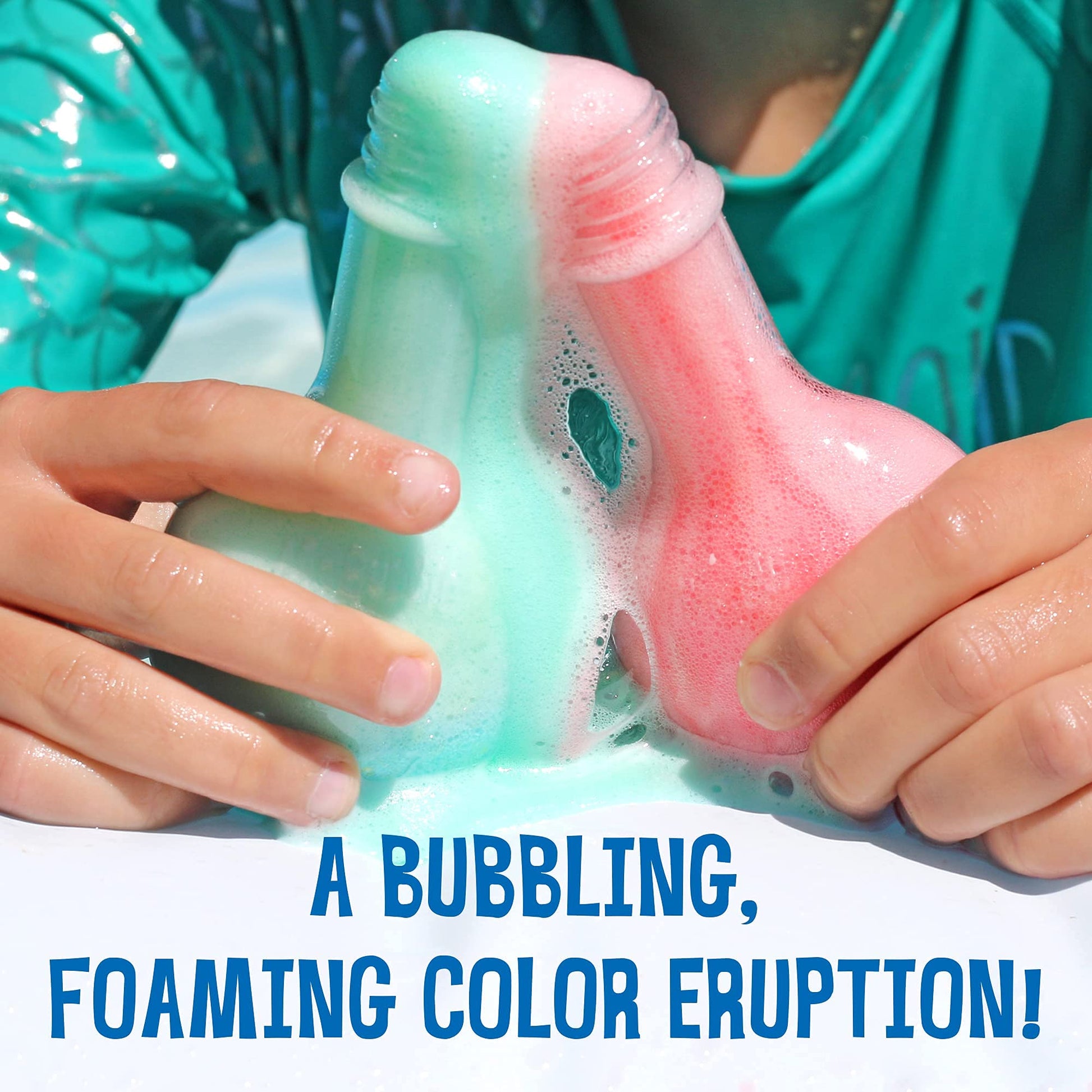 Close up of colorful Mr. Bubble bath potion beaker