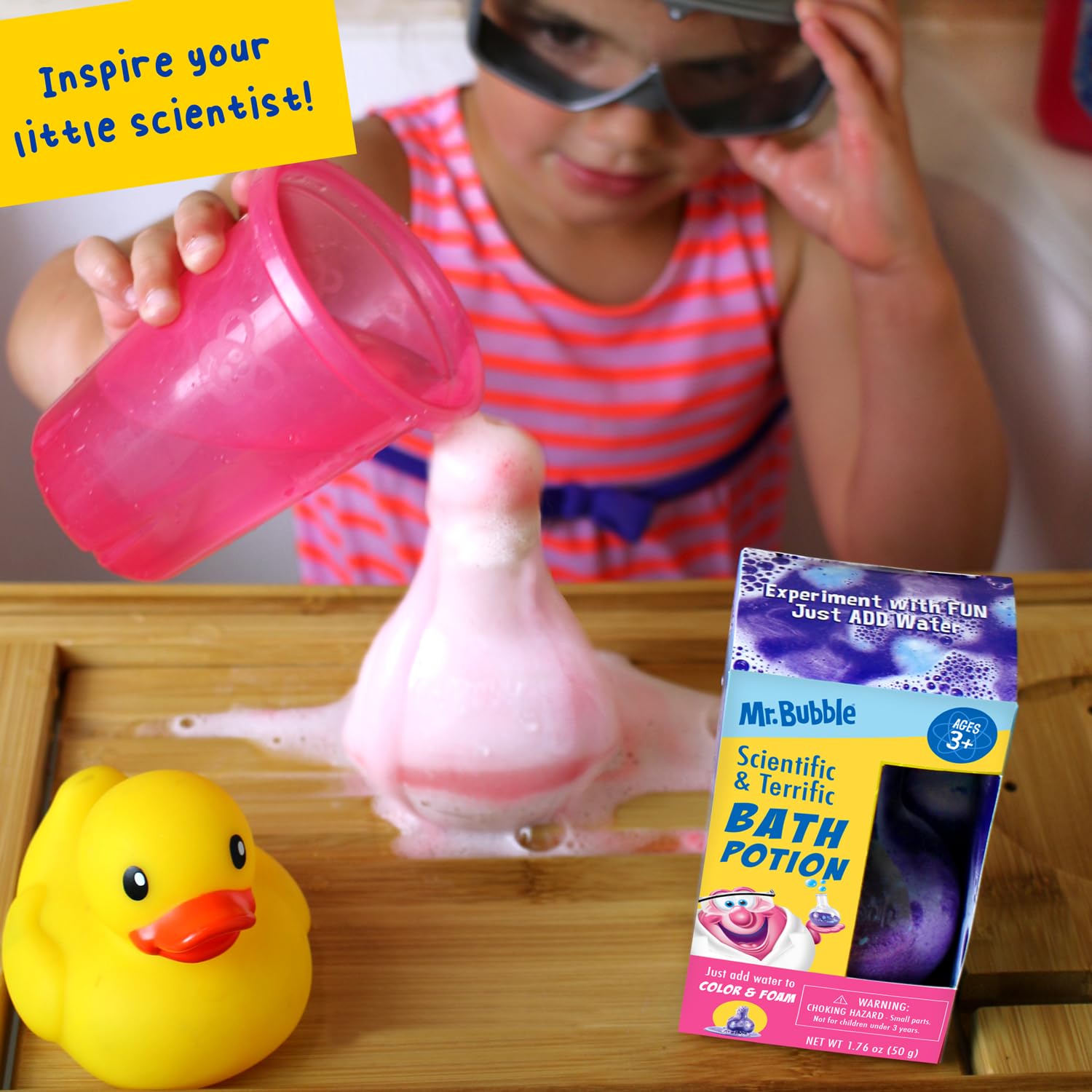 Mr. Bubble bath potion fizzing in water